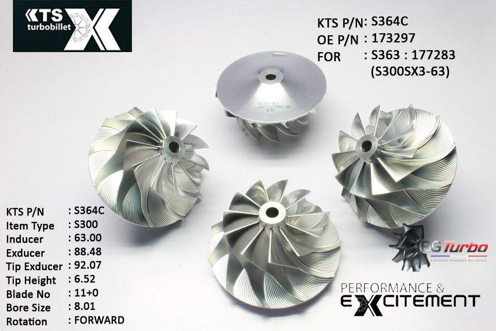 Turbo ROUE FORGÉE MFS PERFORMANCE - 11+0 PALES - INDUCER : 63 - EXDUCER : 88,481 - TYPE : S300ANGLE : 45° - ROTATION : Forward - SUPER BACK : 6,98 - BORE SIZE : 8,01
